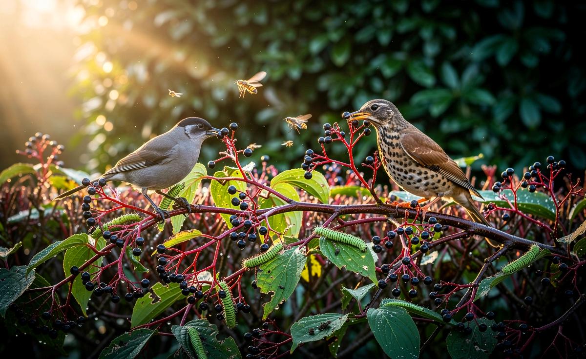 Illustration von einheimischen Sträuchern wie Hartriegel, die durch höhere Insektenbiomasse, passenden Beerennährwert und dichte Heckenstruktur mehr Vögel anlocken als importierte Ziergehölze