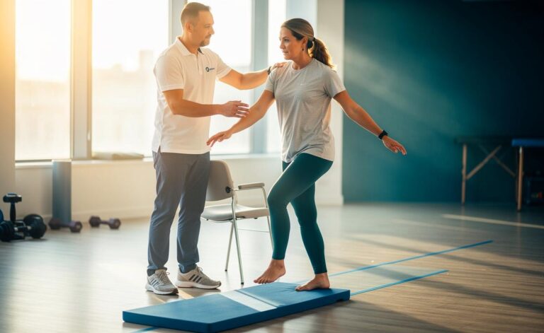 Illustration von einem Physiotherapeuten, der erklärt, wie gezielte Übungen ab 40 das Gleichgewicht fördern