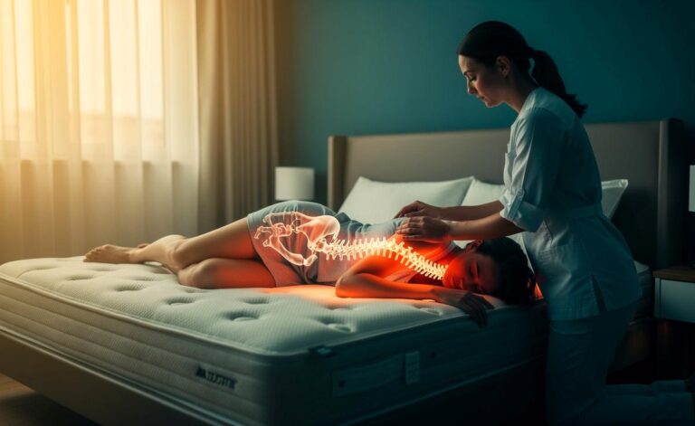 Illustration von einem Physiotherapeuten, der erklärt, wie die richtige Matratzenhärte Rückenschmerzen vorbeugt