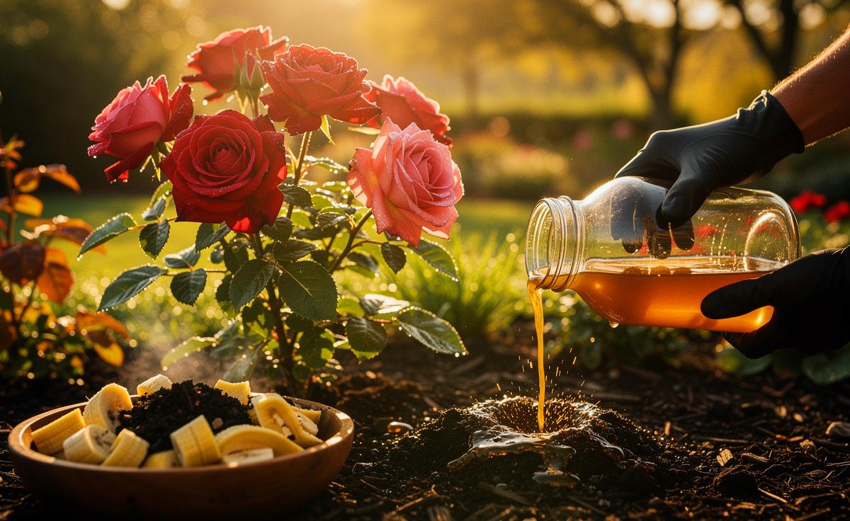Illustration von Rosen im Garten, die mit einem kaliumreichen Bananenschalen-Zusatz versorgt werden, um die Blüte bis in den Herbst zu verlängern
