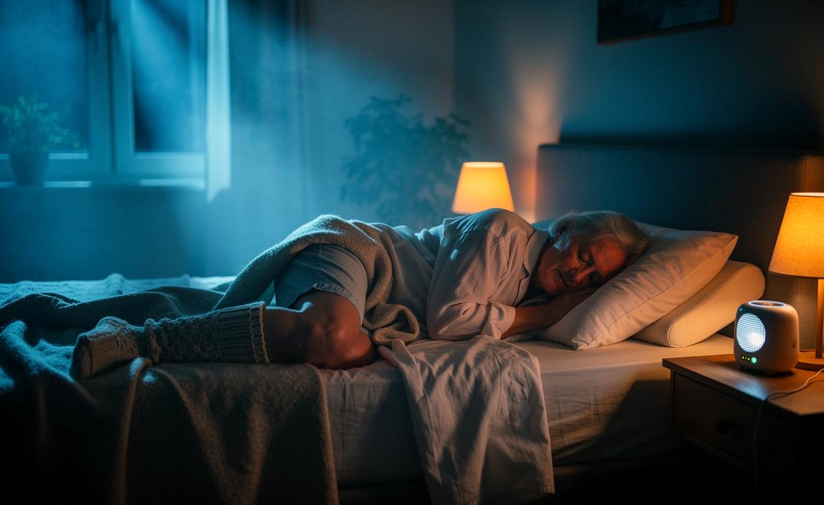 Illustration von einer Person über 60, die dank schlafmedizinischer Tipps trotz Wehwehchen mit Kniekissen und warmen Socken in einem kühlen, dunklen Schlafzimmer tief und fest schläft