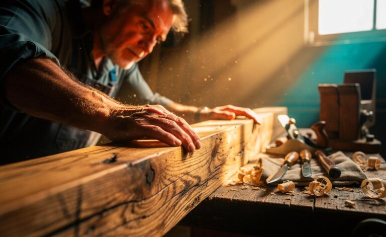 Illustration von einem Schreiner, der altes Holz ohne Chemie auf seine natürliche Haltbarkeit prüft