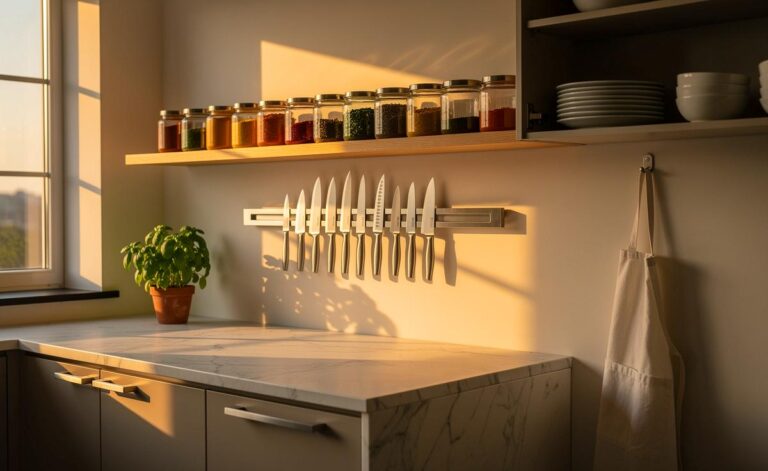 Illustration von einer minimalistischen, perfekt organisierten Küche mit freien Arbeitsflächen, systematisch eingeräumten Schränken und cleveren Aufbewahrungslösungen wie Magnetleisten und Regalbrettern.