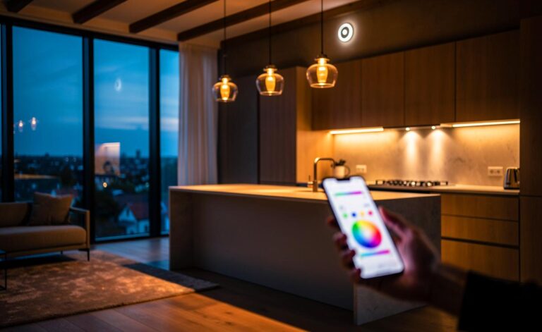 Illustration von smarter Lichtsteuerung im Haus zur Reduktion des Energieverbrauchs durch Sensoren, Dimmen und Zeitpläne