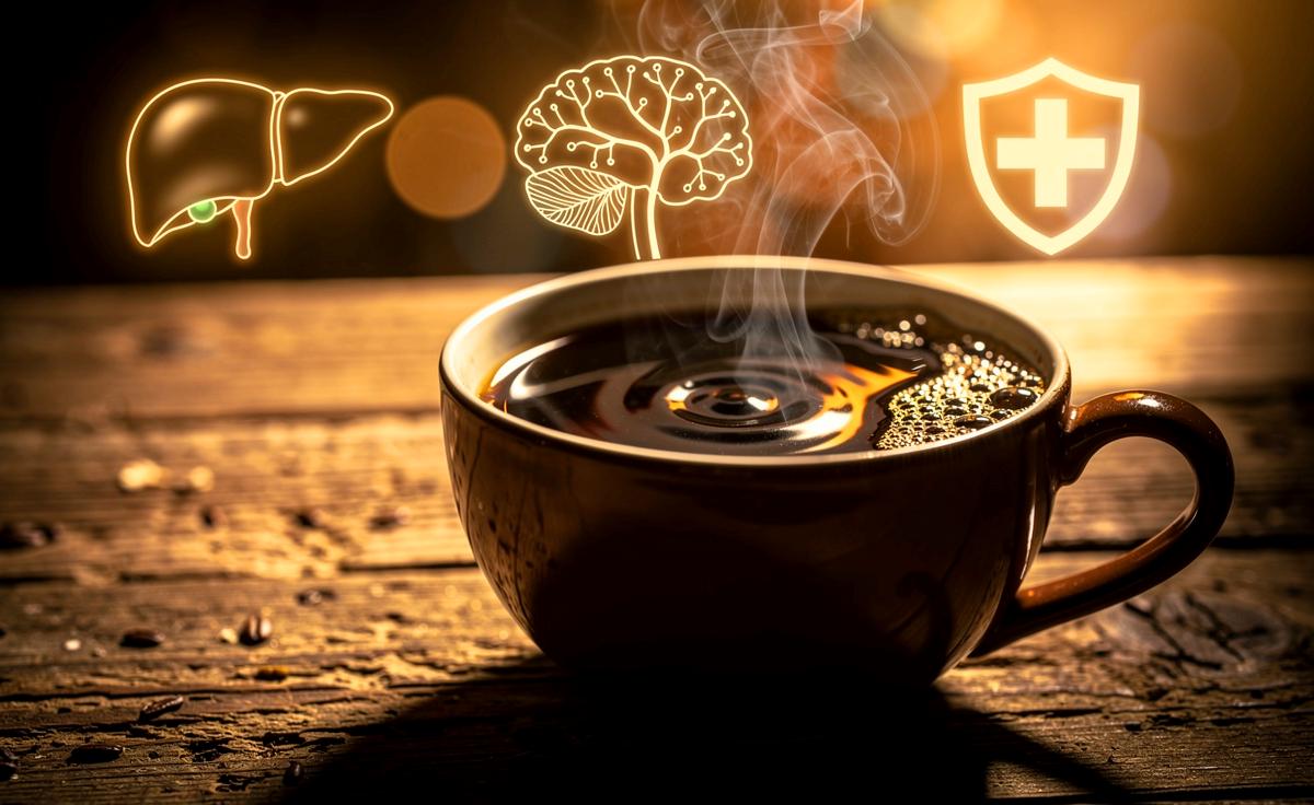 Illustration von einer dampfenden Tasse Kaffee, umgeben von stilisierten Symbolen für Gesundheit wie einem schützenden Schild, einem Gehirn und einer gesunden Leber.