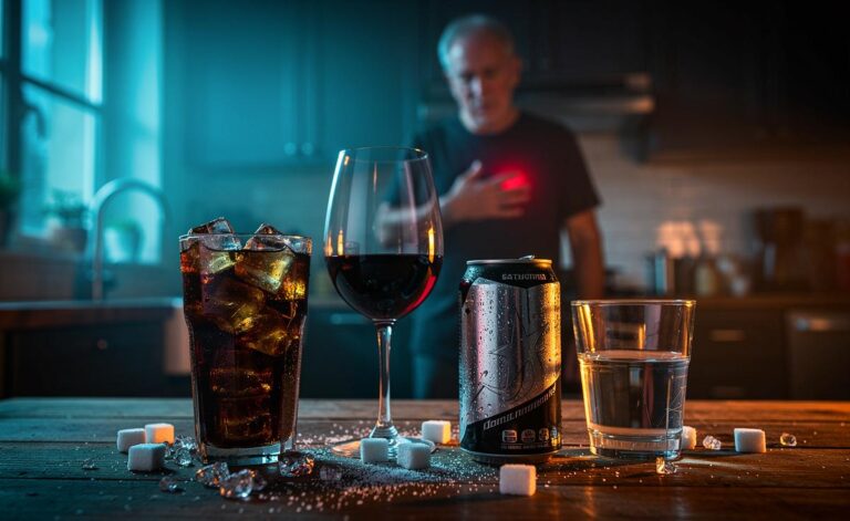 Illustration von riskanten Trinkgewohnheiten ab 50 – Zuckergetränke, Alkohol, Energydrinks und Dehydrierung – und dem dadurch erhöhten Herzkrankheitsrisiko