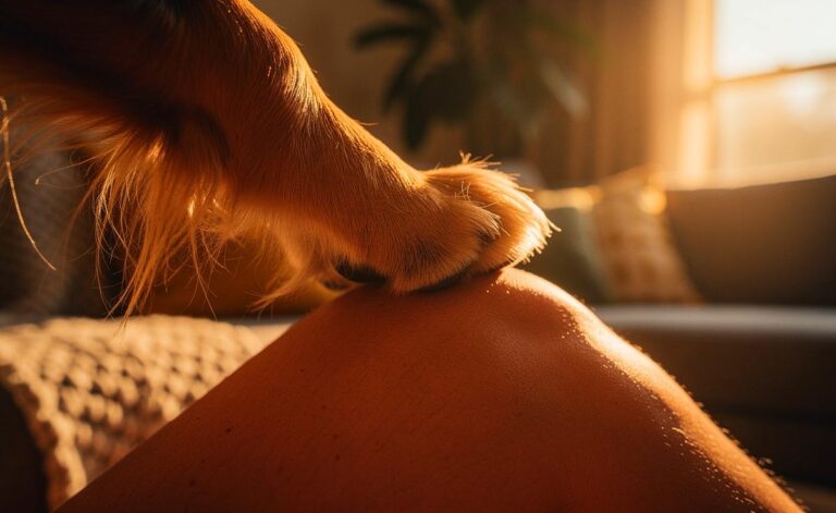 Illustration von einem Hund, der vertrauensvoll seine Pfote auf das Knie seines sitzenden Besitzers legt, während beide sich in einer entspannten häuslichen Umgebung befinden.