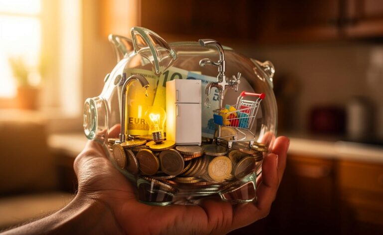 Illustration von einer Person, die mit einem Sparschwein in der Hand verschiedene Haushaltsgeräte wie einen Kühlschrank, eine Glühbirne und einen Wasserhahn mit Eurozeichen überprüft.