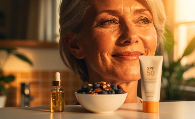 Illustration einer strahlenden, gepflegten Haut im Detail mit Symbolen für Feuchtigkeit, Sonnenschutz und gesunde Ernährung.