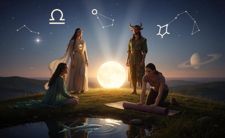 Illustration von vier Sternzeichen, die am 28. März 2026 durch astrologischen Gesundheitsfokus ihr inneres Gleichgewicht finden