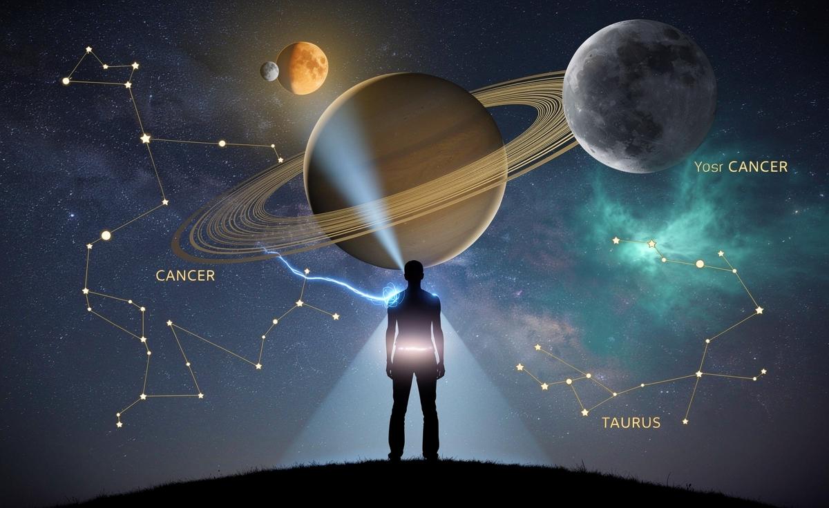 Illustration von Sternenkonstellationen über einer stilisierten Silhouette, die vitale Energie ausstrahlt, mit Symbolen für Mond, Mars und Saturn.
