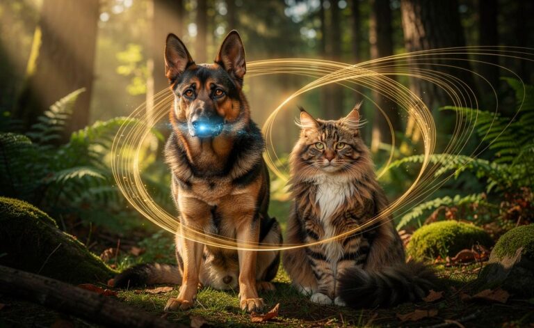 Illustration von einem Hund und einer Katze, die mit übernatürlich wirkenden Sinnen eine unsichtbare Landkarte aus Magnetfeldern und Duftmolekülen in ihrer Umgebung wahrnehmen.