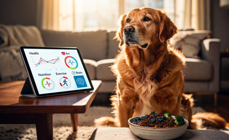 Illustration von einem vitalen, älteren Hund und einem Tierarzt, die gemeinsam auf eine moderne, digitale Gesundheitskarte mit Symbolen für Ernährung, Bewegung und kognitive Übungen blicken.