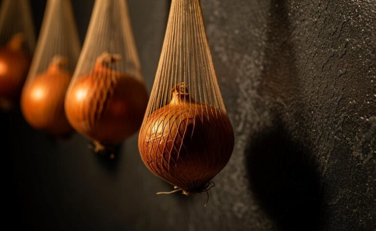 Illustration von frischen Zwiebeln, die in den Beinen einer aufgehängten Nylonstrumpfhose stecken und durch Knoten voneinander getrennt sind.