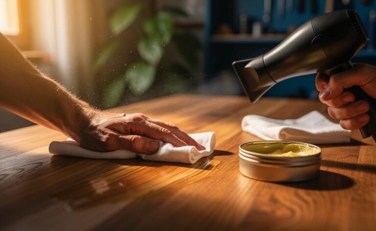 Illustration von der schonenden Pflege von Holzmöbeln mit milder Wärme und dünn aufgetragenem Wachs
