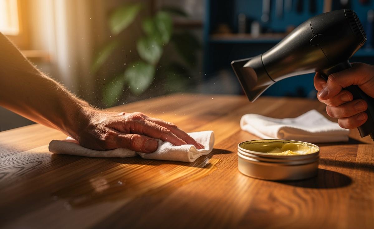 Illustration von der schonenden Pflege von Holzmöbeln mit milder Wärme und dünn aufgetragenem Wachs