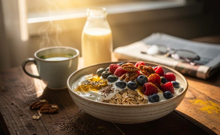 Illustration von einem immunstärkenden Frühstück ab 50 mit Hafer, Joghurt oder Kefir, Beeren sowie Nüssen und Samen