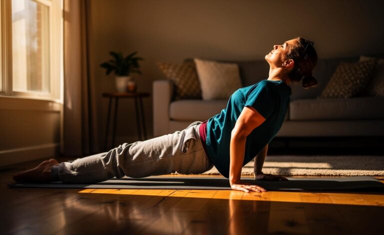 Illustration von drei alltagstauglichen Übungen zur Entlastung des Rückens: eine Person führt eine dynamische Sitzbrücke, die Tür-öffnen-Bewegung und eine stehende Dehnung aus.