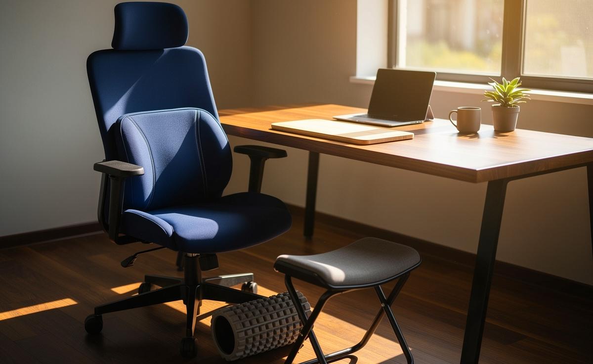 Illustration von Alltagsgegenständen wie einem Lordosenkissen, einer Faszienrolle und einem höhenverstellbaren Schneidetisch, die eine Person bei einer gelenkschonenden Haltung im Büro und Haushalt unterstützen.