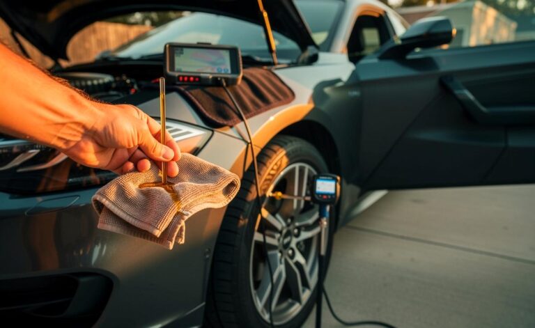 Illustration von einem Fahrzeughalter beim 15‑Minuten‑Auto‑Check: Ölstand am Peilstab prüfen, Reifendruck mit digitalem Prüfer messen und OBD‑II‑Scanner auslesen, um Reparaturkosten zu senken