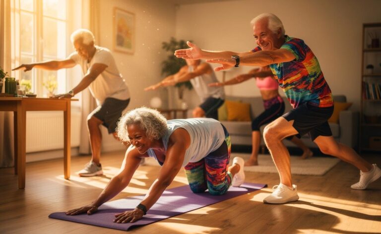 Illustration von einer älteren Person, die die drei empfohlenen Übungen zur Beweglichkeitsförderung ab 60 ausführt: Katzenbuckel, Ausfallschritt mit Rotation und Pendelübung für die Schulter.