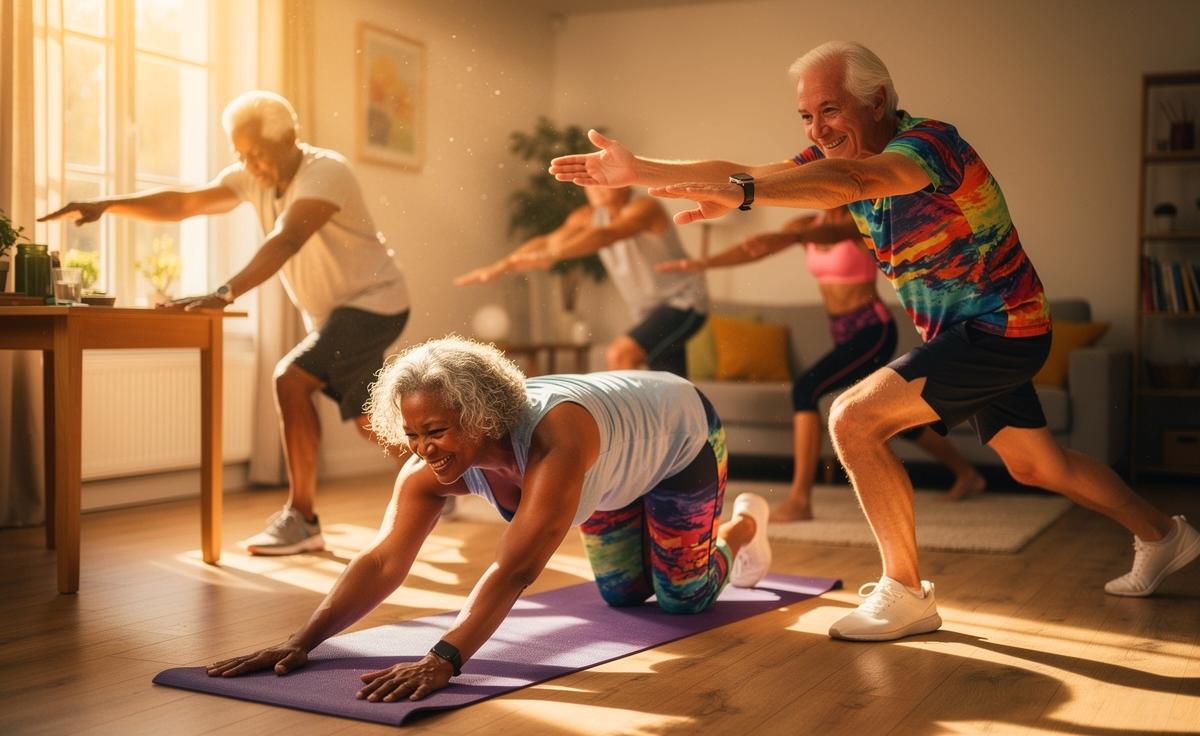 Illustration von einer älteren Person, die die drei empfohlenen Übungen zur Beweglichkeitsförderung ab 60 ausführt: Katzenbuckel, Ausfallschritt mit Rotation und Pendelübung für die Schulter.