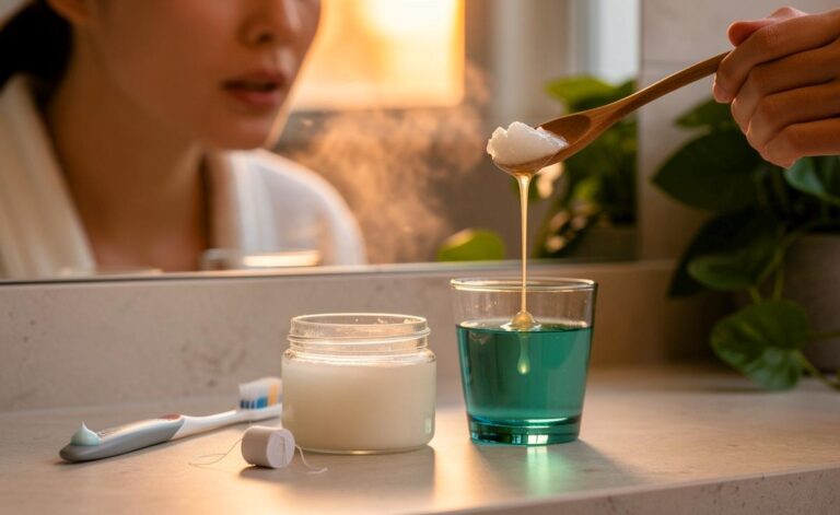 Illustration von [Ölziehen mit Kokosöl als natürliche Alternative zur Mundspülung, zahnärztlich empfohlen]