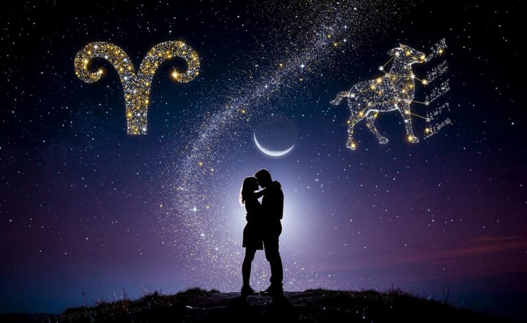 Illustration von zwei sich umarmenden Silhouetten vor einem Nachthimmel, in dem die Sternbilder Widder und Wassermann leuchten und ein Neumond zwischen ihnen steht.