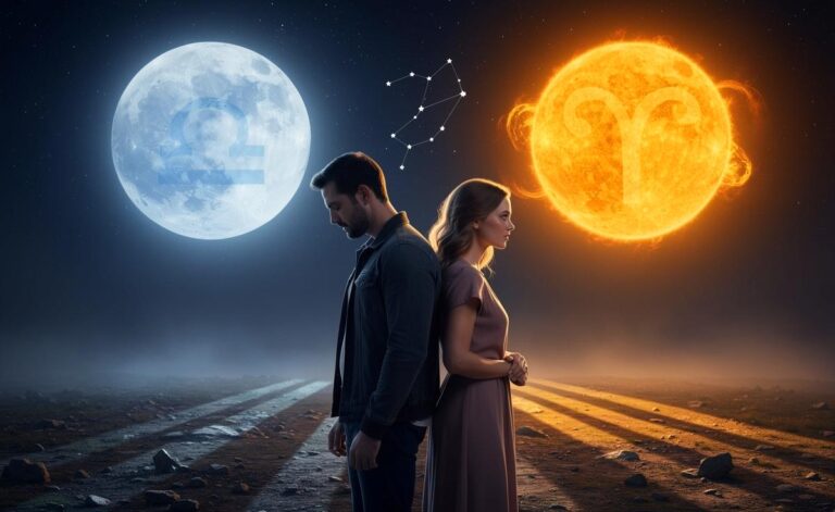 Illustration von zwei sich gegenüberstehenden Figuren vor einem Nachthimmel, der von einem leuchtenden Waage-Vollmond und einer Widder-Sonne beherrscht wird, verbunden durch einen Lichtstrahl, während im Hintergrund das Sternbild Wassermann aufscheint.