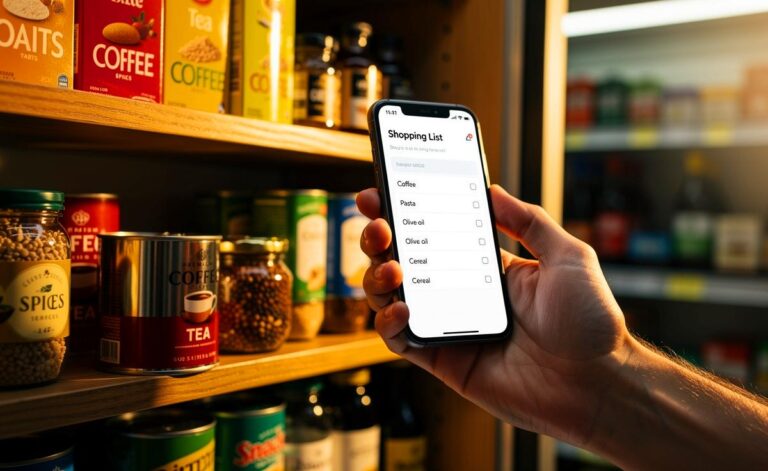 Illustration von einer Person, die mit Smartphone und Einkaufsliste vor gut gefüllten, aber übersichtlich organisierten Supermarktregalen steht und Preise vergleicht.