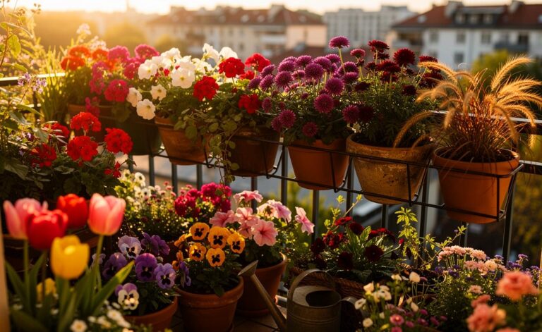 Illustration von einem üppig blühenden Balkon mit Staffelpflanzung über alle vier Jahreszeiten