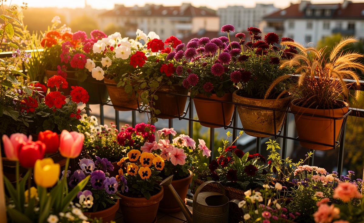 Illustration von einem üppig blühenden Balkon mit Staffelpflanzung über alle vier Jahreszeiten
