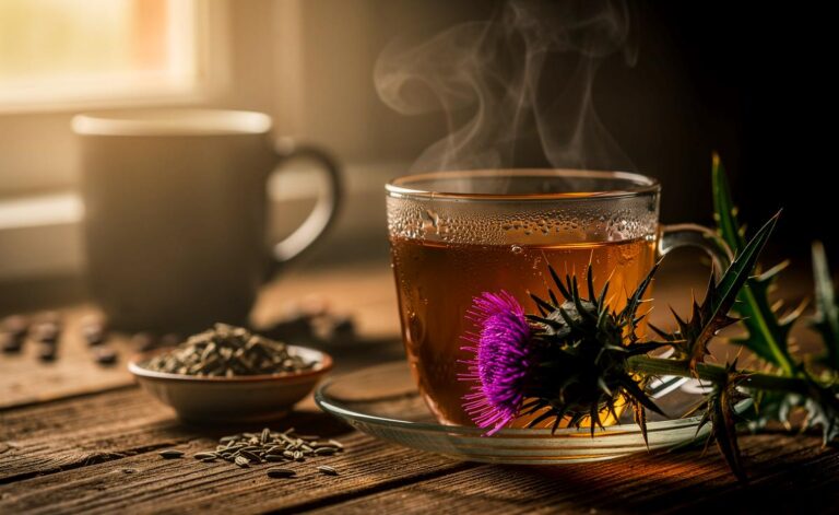 Illustration von einem Glas Mariendisteltee am Abend als leberfreundliche Alternative zu Kaffee