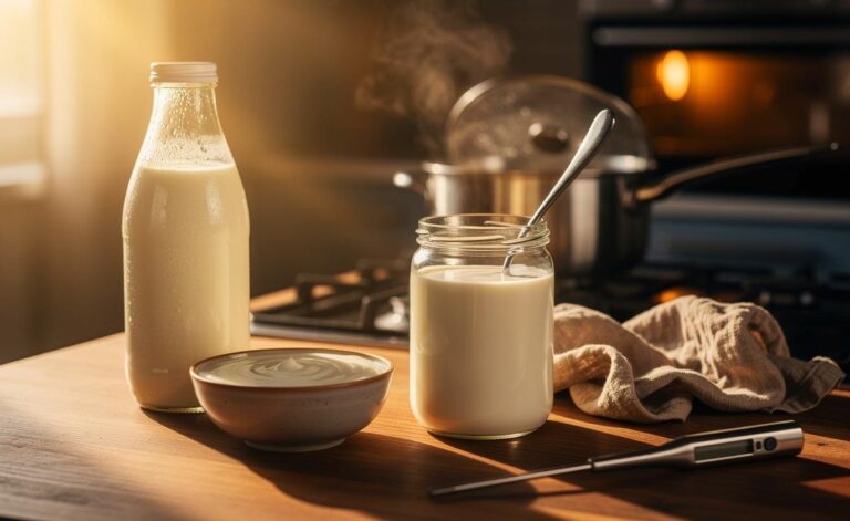 Illustration von cremigem, selbstgemachtem Joghurt aus zwei Zutaten – Milch und Starterkultur – ohne Maschine und ohne langes Warten