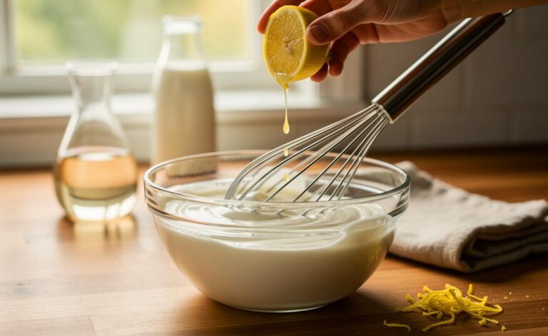 Illustration von cremigem Zwei‑Zutaten‑Joghurt aus Vollmilch und Zitronensaft oder Weißweinessig, ohne Maschine und Wartezeit