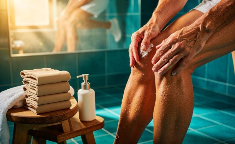 Illustration von alltäglicher Beinhygiene ab 50 Jahren mit Waschen, Eincremen, Wadenübungen und Kompressionsstrümpfen