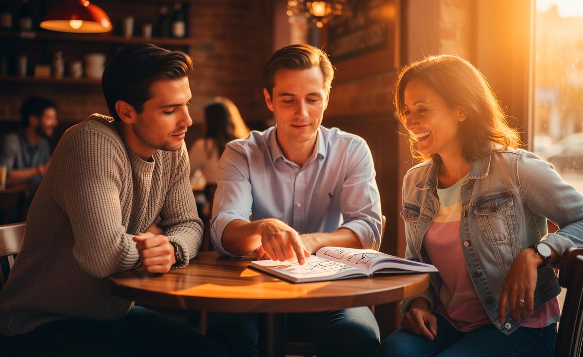 Illustration von drei Menschentypen, die in alltäglichen Situationen Leichtigkeit vermitteln: ein aktiver Zuhörer, ein lösungsorientierter Realist und ein unaufgeregter Optimist.