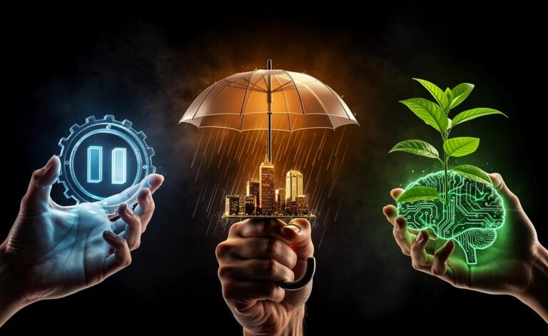 Illustration von drei psychologischen Verhaltensmustern – einem Zahnrad mit Pause-Symbol, einem Regenschirm über einem Diagramm und einer Pflanze, die aus einem Gehirn wächst – die als innere Hebel für beruflichen und persönlichen Erfolg wirken.