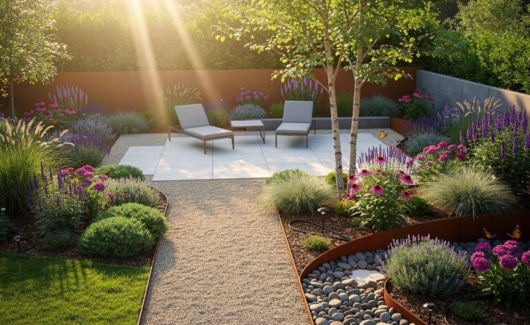 Illustration von [einem pflegefreien Garten ohne Rasenmähen, gestaltet von einem Landschaftsarchitekten, mit Kiesflächen, Bodendeckern, robusten Stauden, Strukturgräsern und klaren Stahlkanten]