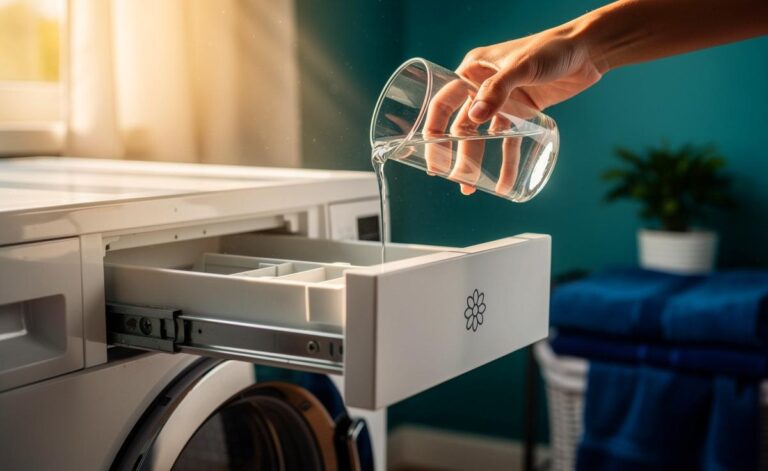 Illustration von [einem Glas Essig, das in das Weichspülerfach einer Waschmaschine gegossen wird, zur rückstandsarmen Pflege und Verlängerung der Haltbarkeit von Wäsche]