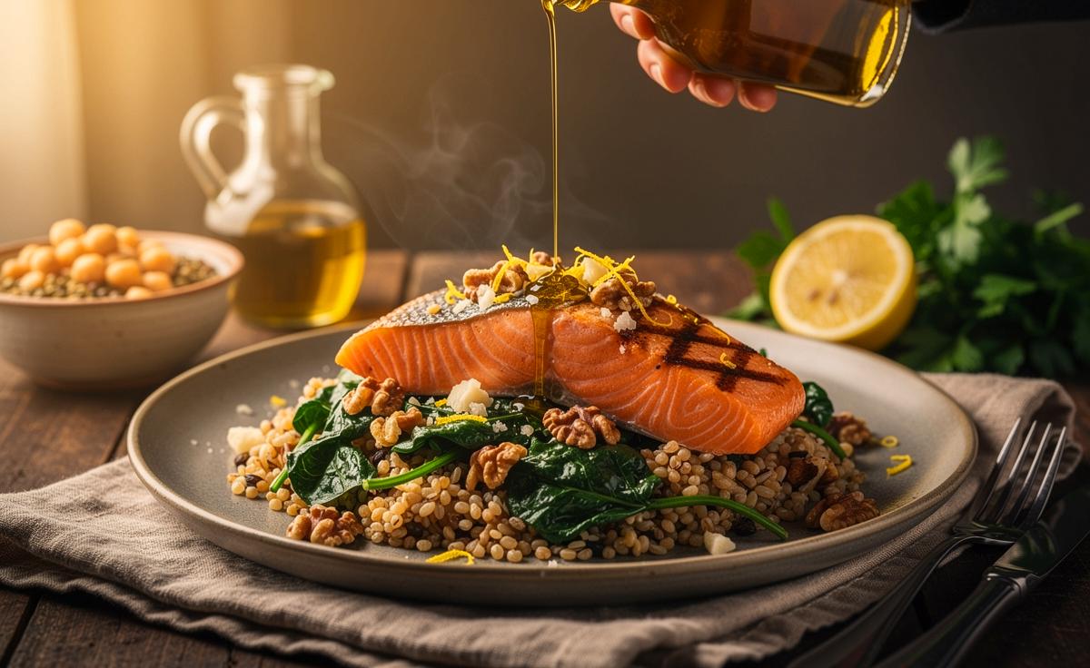 Illustration von einem schnellen mediterranen 30-Minuten-Abendessen mit Lachs, extra nativem Olivenöl, Vollkorn und Blattgemüse für Menschen ab 50 zur Unterstützung von Herzfunktion und Vitalität