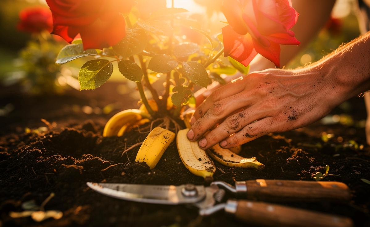 Illustration von einer üppig blühenden Rose, neben der eine Bananenschale im Wurzelbereich vergraben wird und eine Gartenschere bereitliegt.