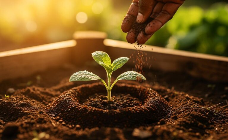 Illustration von trockenem Kaffeesatz, der als Ring um eine junge Pflanze gestreut wird, um sie zu schützen und zu nähren.