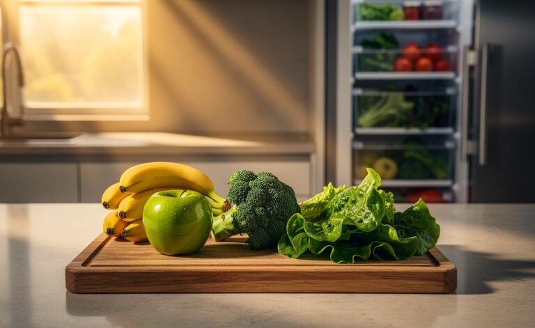 Illustration von frischem Obst und Gemüse, das nach den Prinzipien der optimalen Lagerung in verschiedenen Bereichen einer modernen Küche angeordnet ist: getrennte Körbe für Ethylen-Produzenten und -Empfindliche, korrekt belüftete Kühlschrankfächer und praktische Aufbewahrungstipps wie Kräuter im Wasserglas.