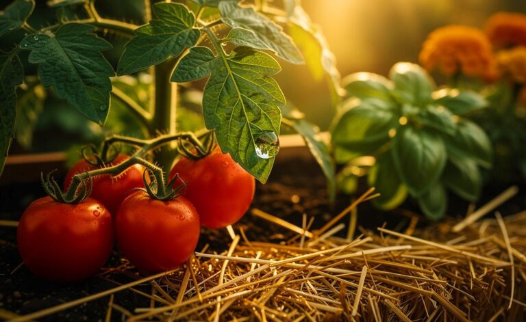 Illustration von üppigen Tomatenpflanzen, die mit tief gesetzten Stängeln in strohgemulchter Erde wurzeln, umgeben von Basilikum und Tagetes als Begleitpflanzen.