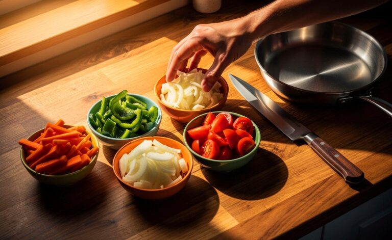Illustration von einer geordneten Küchenarbeitsfläche mit vorbereiteten Zutaten in kleinen Schälchen, einem scharfen Kochmesser und einer noch kalten Pfanne, die den cleveren Trick der strategischen Vorbereitung vor dem Kochen symbolisiert.