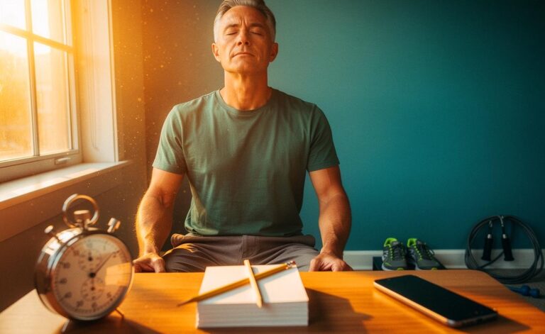 Illustration von einer Person ab 40, die mit einer einfachen täglichen 10‑Minuten‑Routine Gedächtnislücken reduziert und Fokus sowie Abruf stärkt