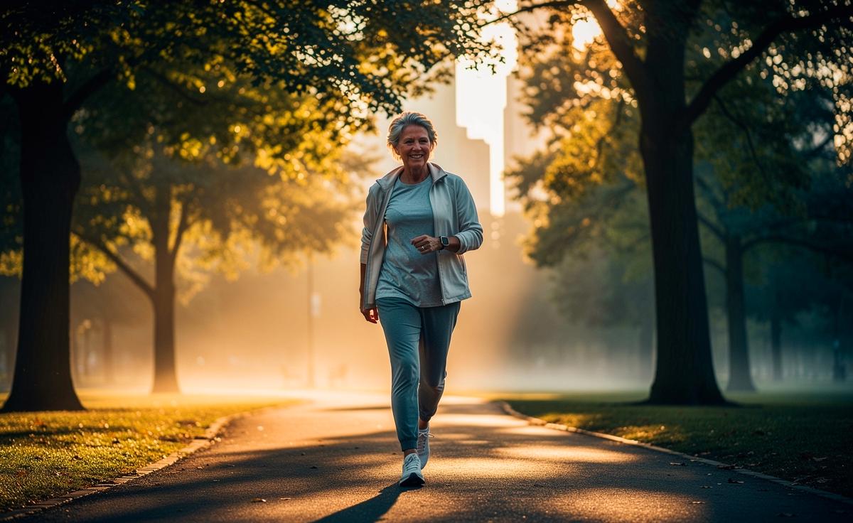 Illustration von einer Person ab 40 beim 15‑minütigen Spaziergang im Morgenlicht zur Synchronisierung der inneren Uhr und Steigerung des Antriebs