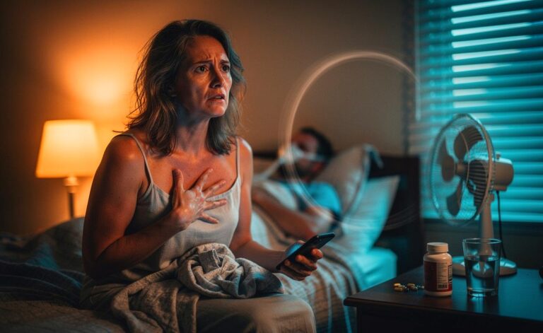 Illustration von Schlafstörungen bei Menschen ab 40 mit vielfältigen Ursachen wie hormonellem Wandel, Stress, Bildschirmzeit und medizinischen Faktoren