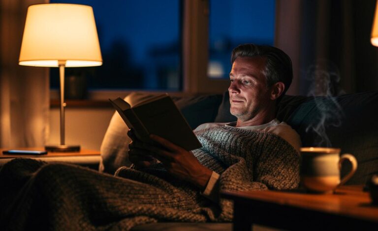 Illustration von einer Person um die 40 in einem Wohnzimmer mit gedimmter Warmlicht-Lampe, ohne Bildschirme, beim Lesen vor dem Schlafengehen